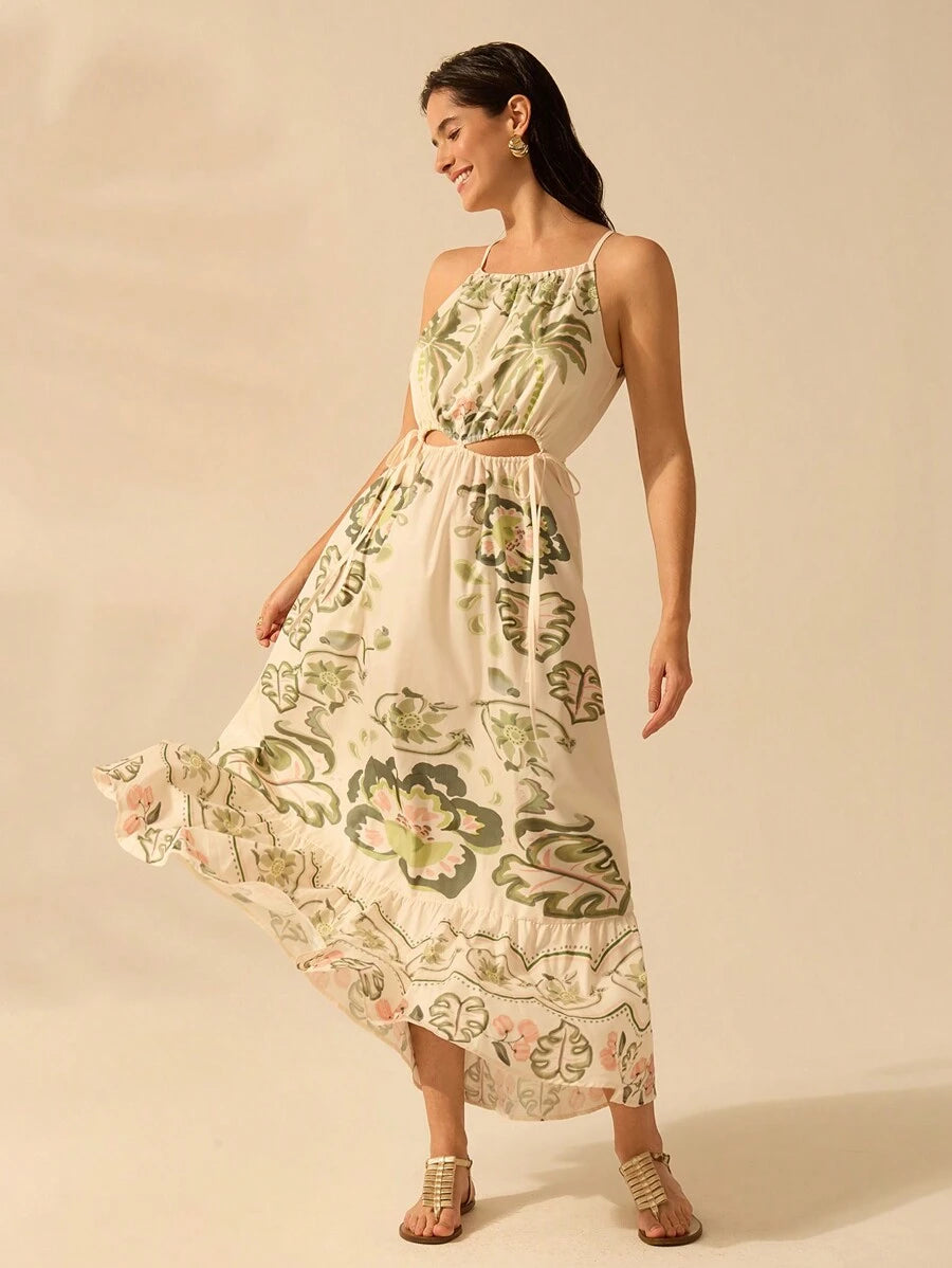 CAJUNI Vestido Casual de Praia de Férias com Cordão, Decote Recortado, Sem Mangas, Estampa de Hibisco Tropical, Coqueiro, Planta de Cobra Boho para Mulheres