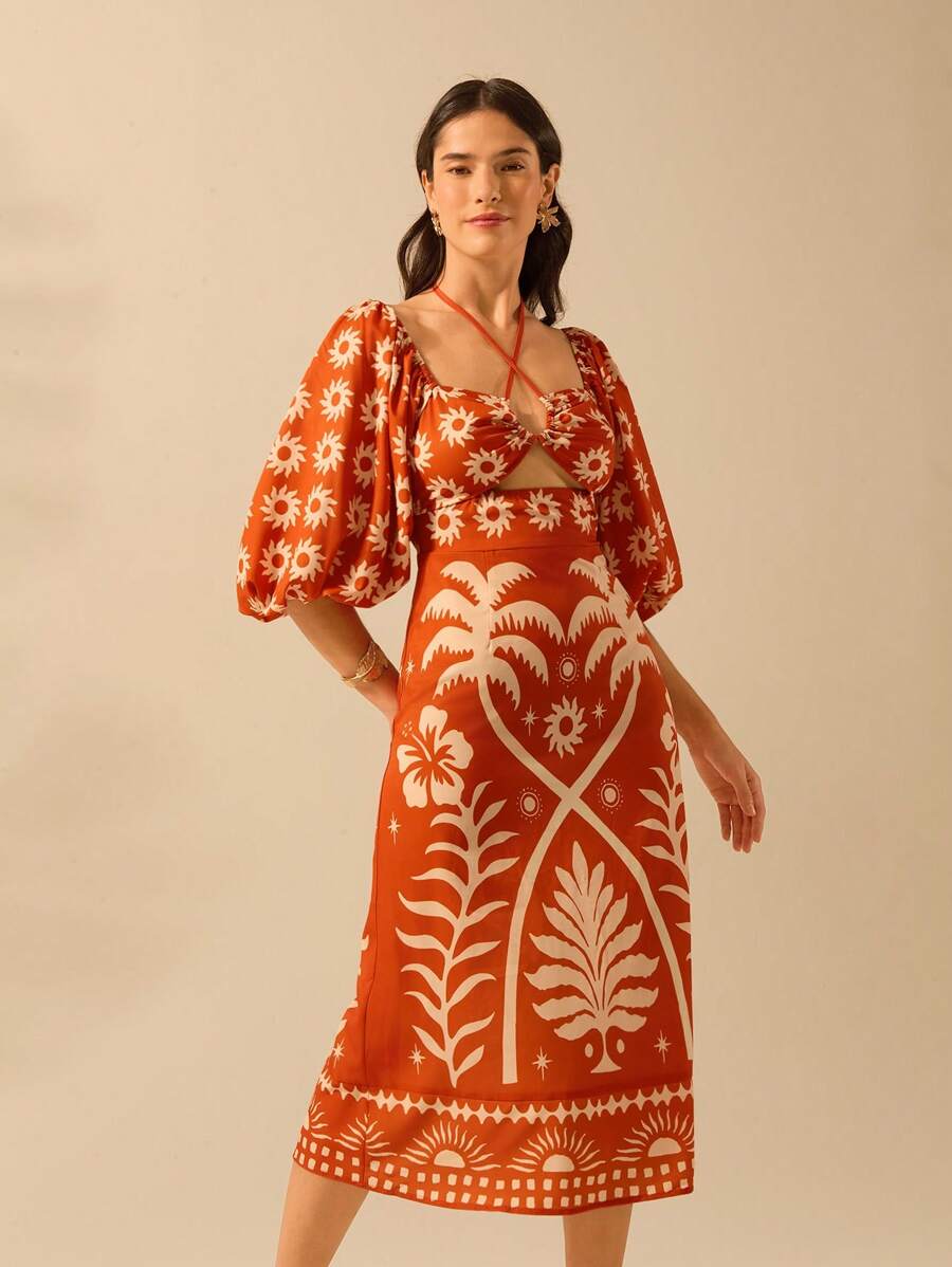 CAJUNI Vestido verde de manga bufante de comprimento médio, com estampa boho de flor tropical, sol e árvore de coco, cordão oco, verão casual, vestido de praia de férias