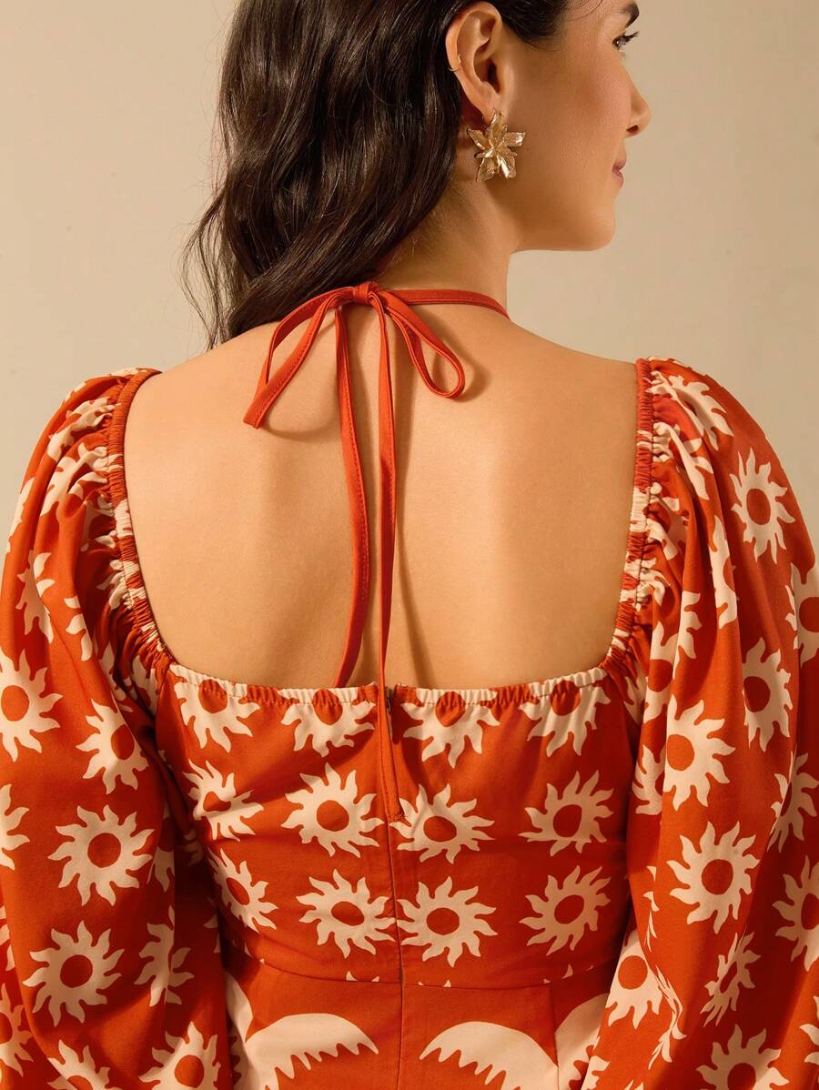 CAJUNI Vestido verde de manga bufante de comprimento médio, com estampa boho de flor tropical, sol e árvore de coco, cordão oco, verão casual, vestido de praia de férias