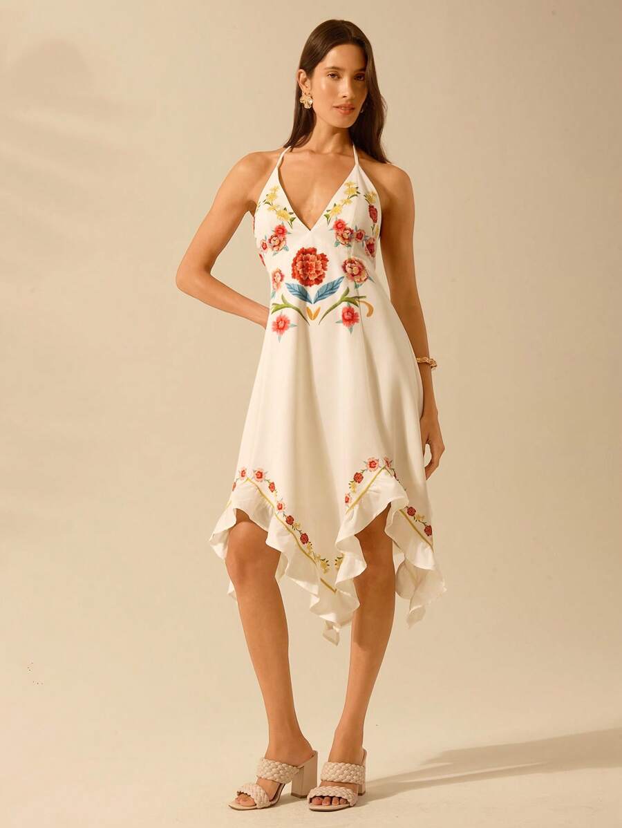 CAJUNI Vestido Feminino Boho Vintage Estampa Floral, Casual de Férias com Decote em V, Amarração, Sem Costas, Sem Mangas e Curto