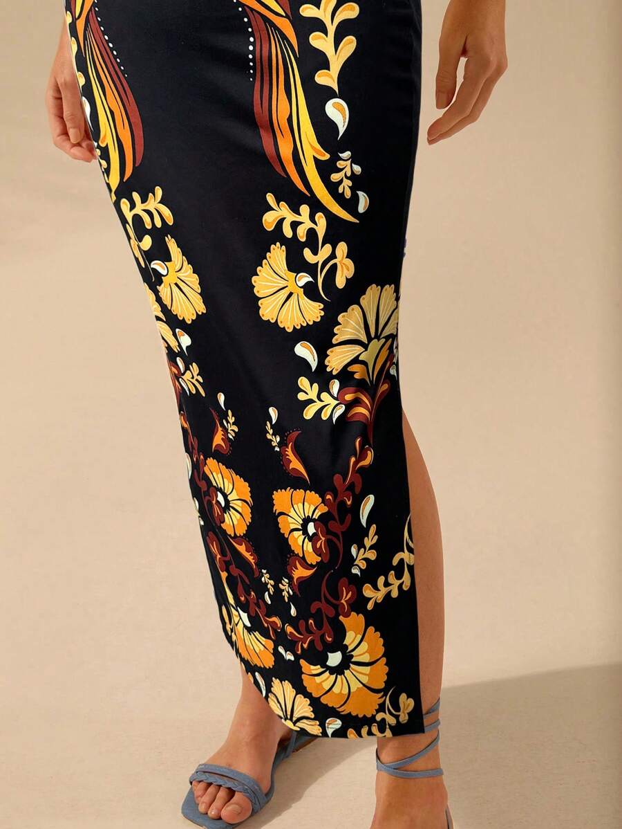 CAJUNI Vestido Listrado Azul com Estampa Tropical de Plantas e Papagaio, Estilo Boho, Sem Mangas e Costas Abertas, Vestido de Praia Casual de Verão