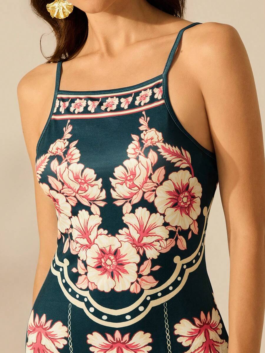 CAJUNI Vestido Longo Slim Fit Casual de Feriado com Estampa Retro Tropical Colorida e Floral para Mulheres