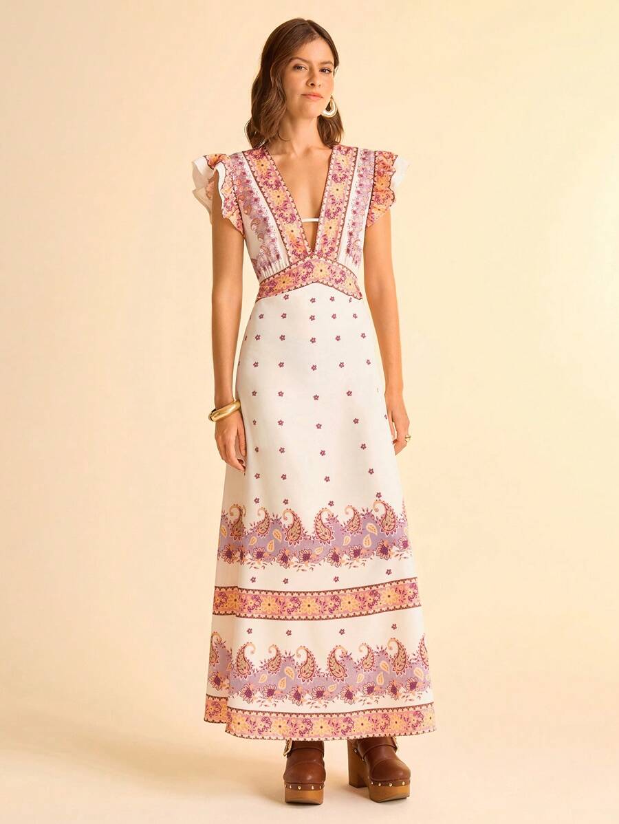 CAJUNI Vestido Longo Maximalista Feminino com Estampa Colorida Boho, Decote em V, Costas Vazadas, Manga Curta, Cintura Ajustada e Silhueta em A, Bege Estilo Férias