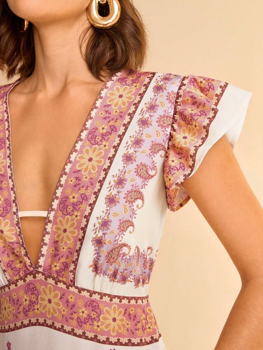 CAJUNI Vestido Longo Maximalista Feminino com Estampa Colorida Boho, Decote em V, Costas Vazadas, Manga Curta, Cintura Ajustada e Silhueta em A, Bege Estilo Férias