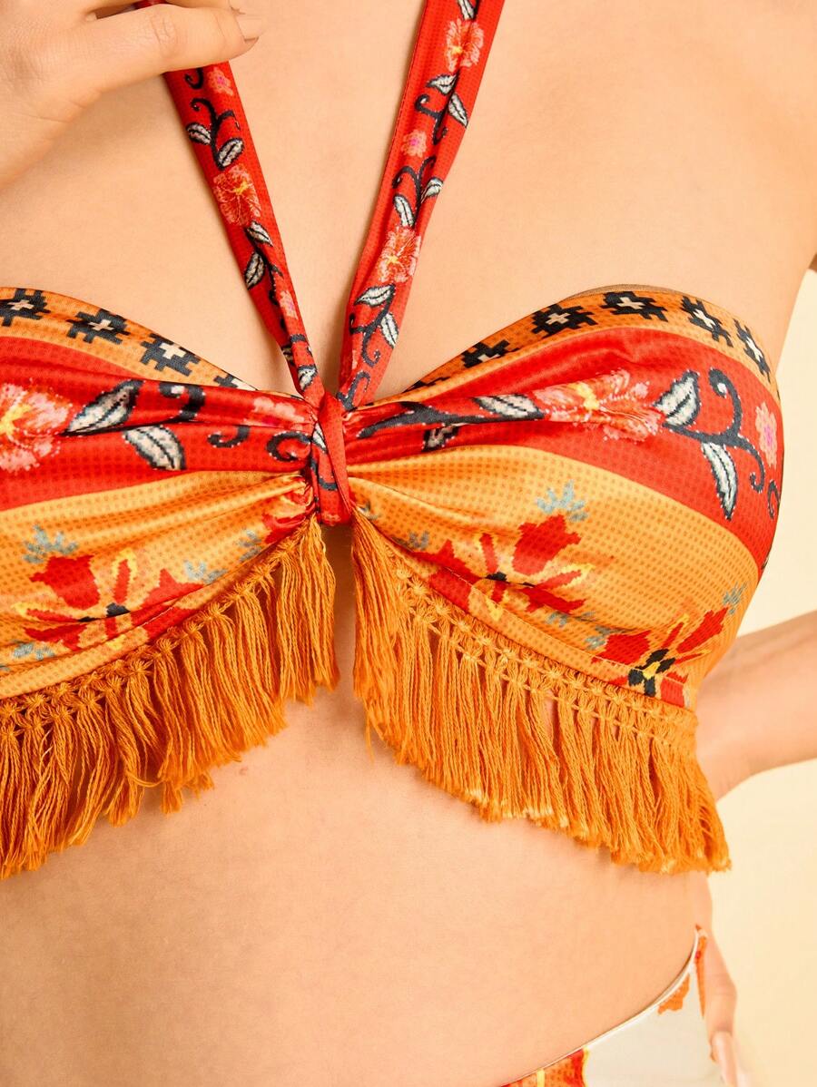 CAJUNI 2 peças/Conjunto Top Halter e Saia Estampa Floral Feminino com Decoração de Borla