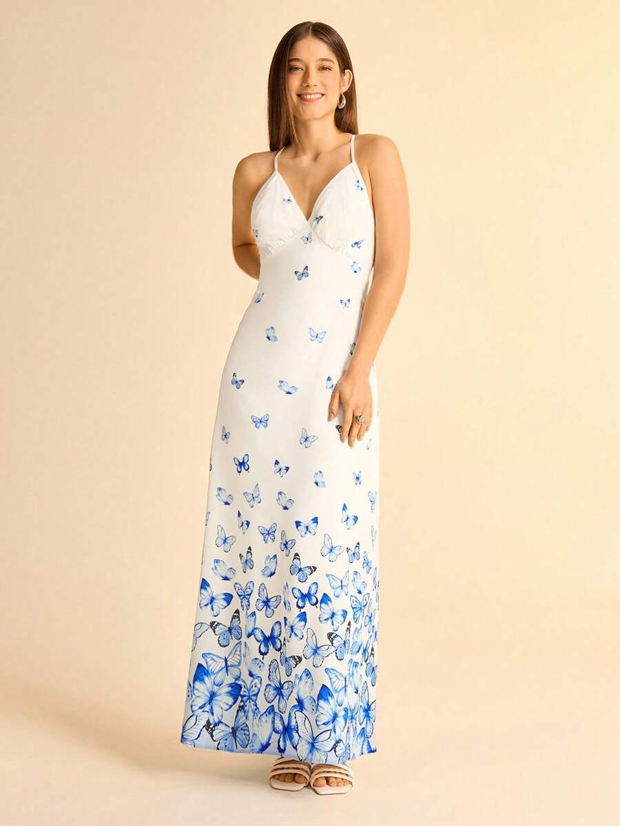 CAJUNI Vestido Longo Mulher Boho Azul Degradê com Borboleta Decote em V Alças Finas Cinturado Modelo A-Line, Vestido Longo Floral Estampado para Férias de Verão