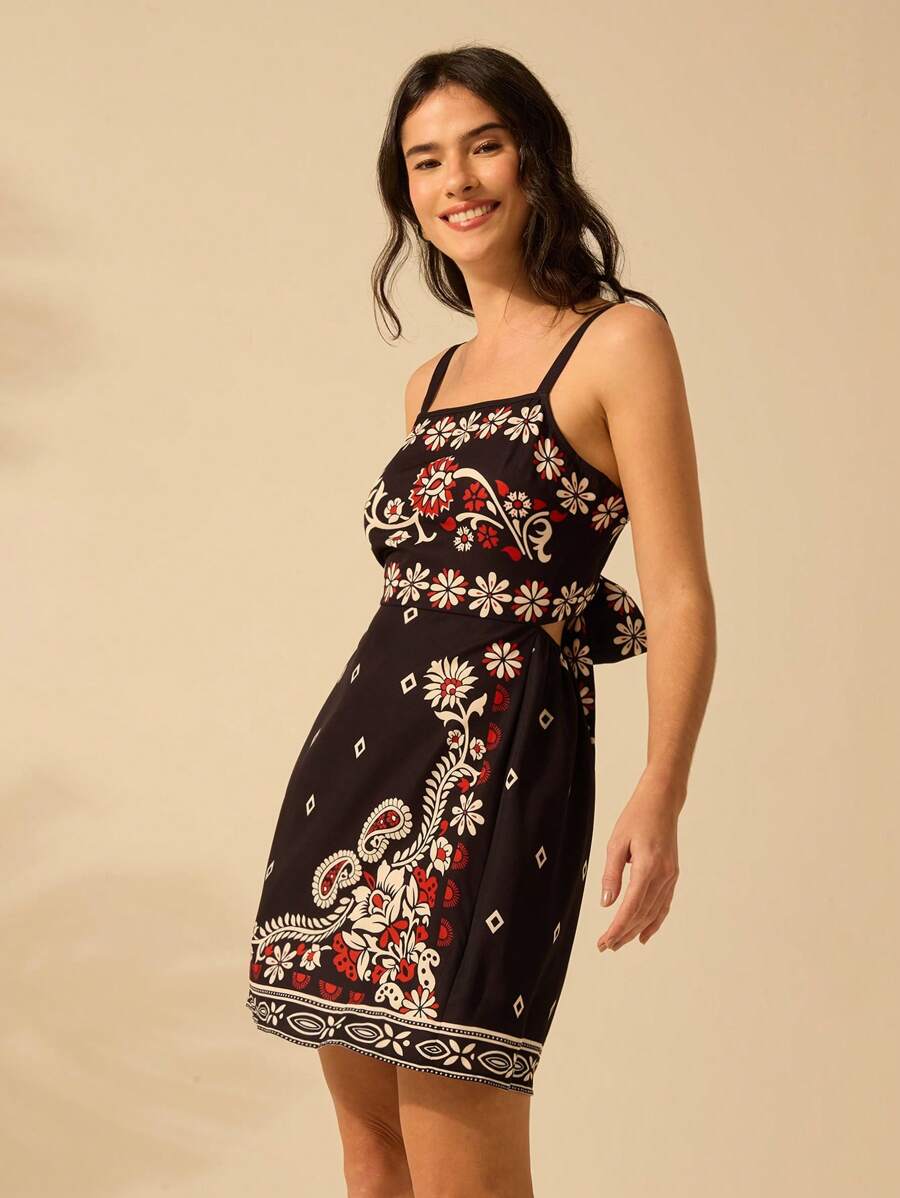 CAJUNI Vestido Curto Preto com Alça em Estilo Boho Tropical, Impressão de Plantas, Azaléia, Girassol para Férias Casuais de Verão para Mulheres