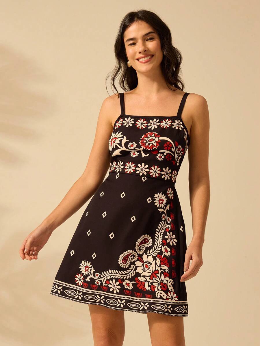 CAJUNI Vestido Curto Preto com Alça em Estilo Boho Tropical, Impressão de Plantas, Azaléia, Girassol para Férias Casuais de Verão para Mulheres