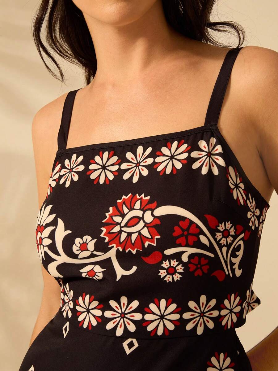 CAJUNI Vestido Curto Preto com Alça em Estilo Boho Tropical, Impressão de Plantas, Azaléia, Girassol para Férias Casuais de Verão para Mulheres