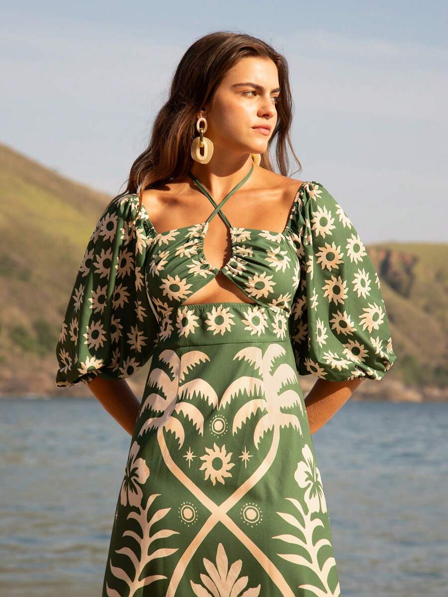 CAJUNI Vestido verde de manga bufante de comprimento médio, com estampa boho de flor tropical, sol e árvore de coco, cordão oco, verão casual, vestido de praia de férias