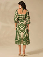 CAJUNI Vestido verde de manga bufante de comprimento médio, com estampa boho de flor tropical, sol e árvore de coco, cordão oco, verão casual, vestido de praia de férias