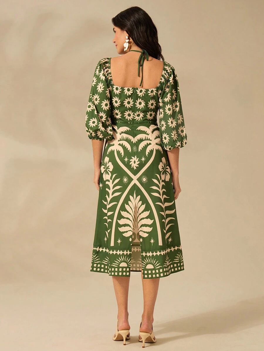 CAJUNI Vestido verde de manga bufante de comprimento médio, com estampa boho de flor tropical, sol e árvore de coco, cordão oco, verão casual, vestido de praia de férias