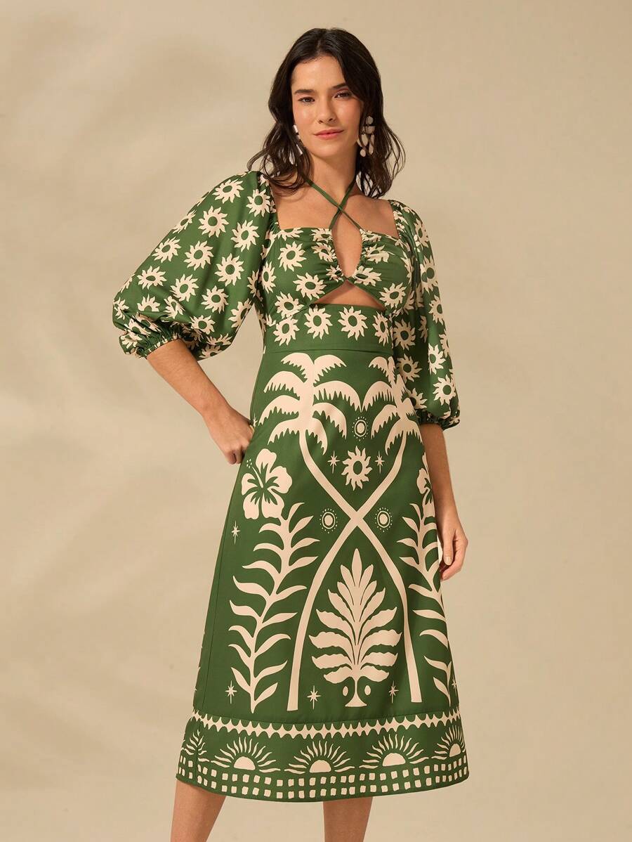 CAJUNI Vestido verde de manga bufante de comprimento médio, com estampa boho de flor tropical, sol e árvore de coco, cordão oco, verão casual, vestido de praia de férias