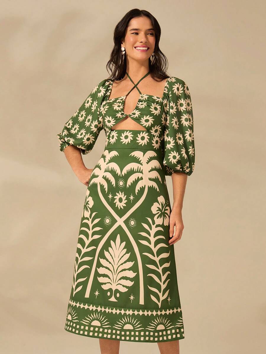 CAJUNI Vestido verde de manga bufante de comprimento médio, com estampa boho de flor tropical, sol e árvore de coco, cordão oco, verão casual, vestido de praia de férias