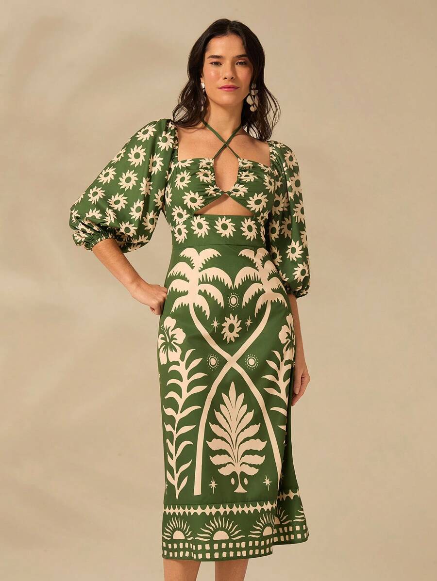 CAJUNI Vestido verde de manga bufante de comprimento médio, com estampa boho de flor tropical, sol e árvore de coco, cordão oco, verão casual, vestido de praia de férias
