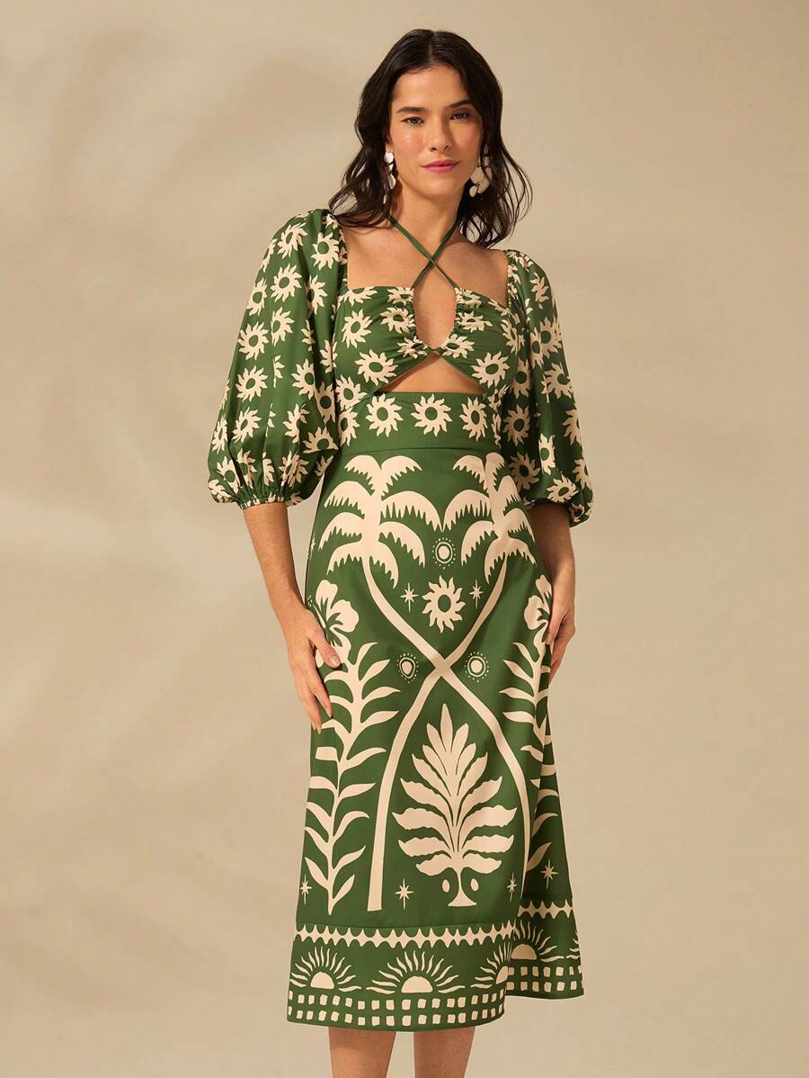 CAJUNI Vestido verde de manga bufante de comprimento médio, com estampa boho de flor tropical, sol e árvore de coco, cordão oco, verão casual, vestido de praia de férias