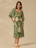 CAJUNI Vestido verde de manga bufante de comprimento médio, com estampa boho de flor tropical, sol e árvore de coco, cordão oco, verão casual, vestido de praia de férias