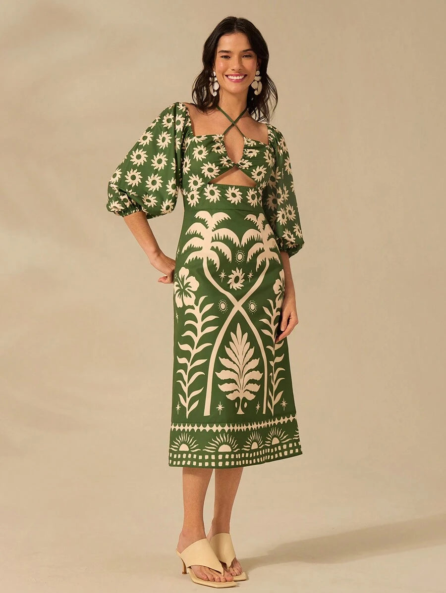CAJUNI Vestido verde de manga bufante de comprimento médio, com estampa boho de flor tropical, sol e árvore de coco, cordão oco, verão casual, vestido de praia de férias