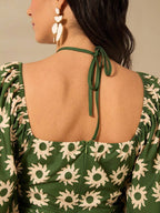 CAJUNI Vestido verde de manga bufante de comprimento médio, com estampa boho de flor tropical, sol e árvore de coco, cordão oco, verão casual, vestido de praia de férias