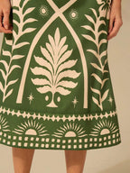 CAJUNI Vestido verde de manga bufante de comprimento médio, com estampa boho de flor tropical, sol e árvore de coco, cordão oco, verão casual, vestido de praia de férias