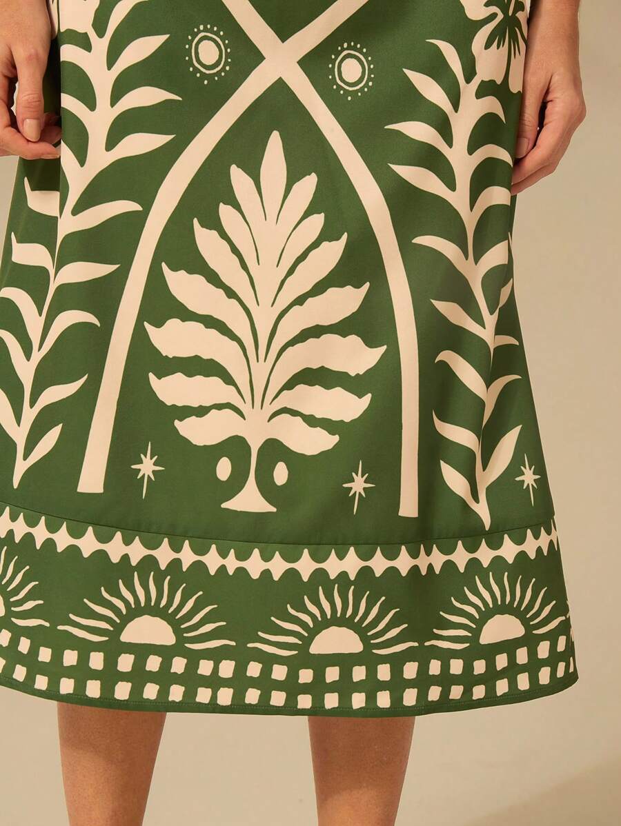 CAJUNI Vestido verde de manga bufante de comprimento médio, com estampa boho de flor tropical, sol e árvore de coco, cordão oco, verão casual, vestido de praia de férias