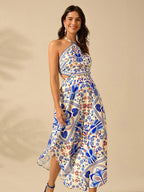 CAJUNI Vestido longo de verão com estampa de Selenipédio e Azálea tropical, decote halter e amarração, casual de praia para férias, para mulheres