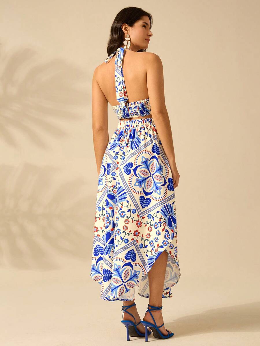 CAJUNI Vestido longo de verão com estampa de Selenipédio e Azálea tropical, decote halter e amarração, casual de praia para férias, para mulheres