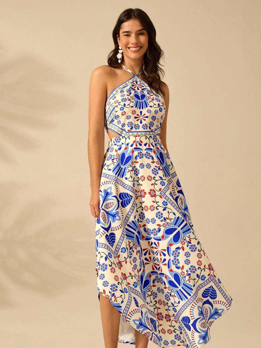 CAJUNI Vestido longo de verão com estampa de Selenipédio e Azálea tropical, decote halter e amarração, casual de praia para férias, para mulheres
