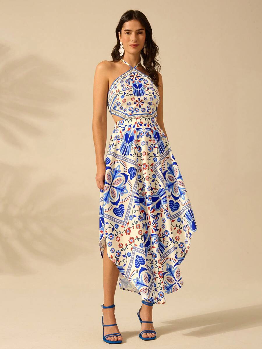 CAJUNI Vestido longo de verão com estampa de Selenipédio e Azálea tropical, decote halter e amarração, casual de praia para férias, para mulheres