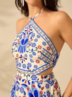 CAJUNI Vestido longo de verão com estampa de Selenipédio e Azálea tropical, decote halter e amarração, casual de praia para férias, para mulheres