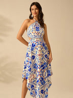 CAJUNI Vestido longo de verão com estampa de Selenipédio e Azálea tropical, decote halter e amarração, casual de praia para férias, para mulheres