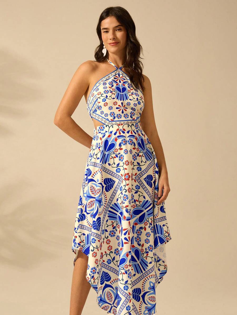 CAJUNI Vestido longo de verão com estampa de Selenipédio e Azálea tropical, decote halter e amarração, casual de praia para férias, para mulheres