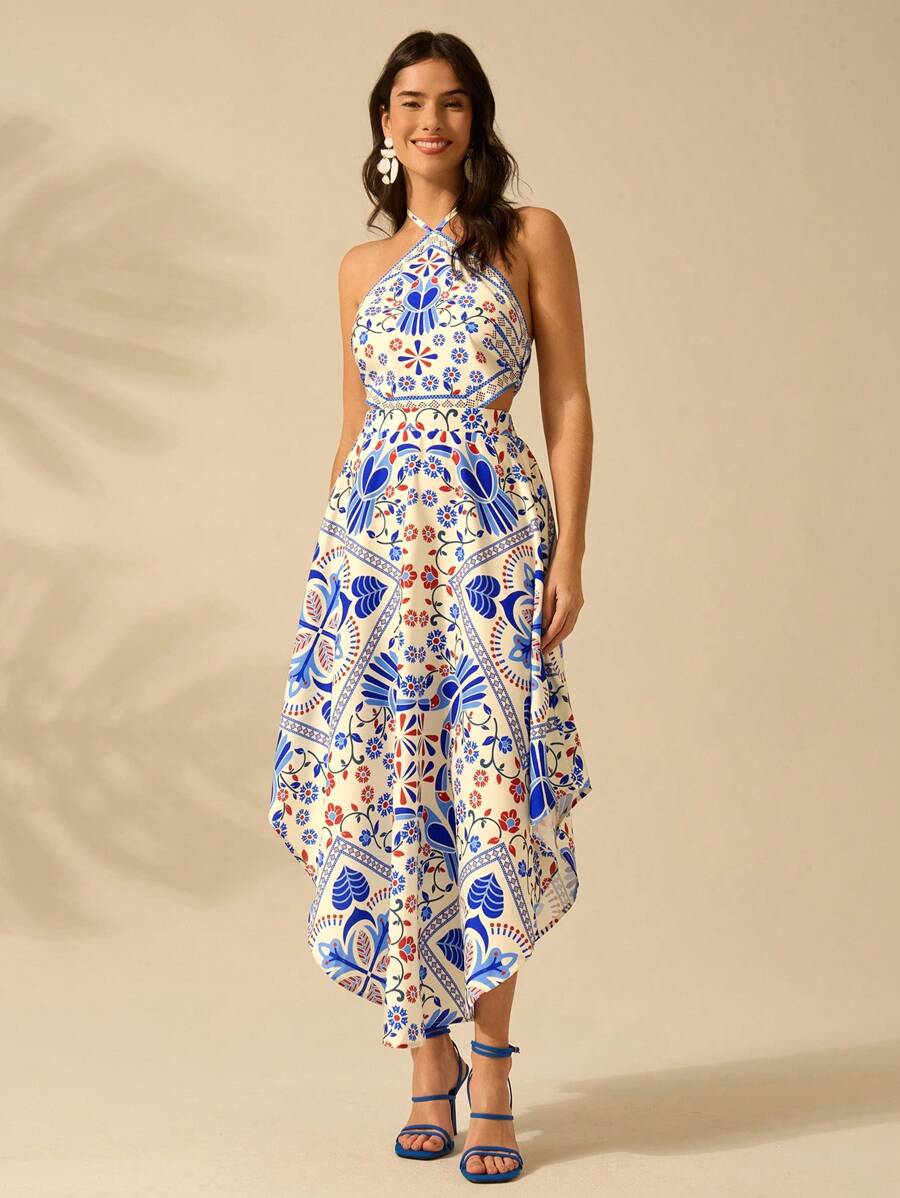 CAJUNI Vestido longo de verão com estampa de Selenipédio e Azálea tropical, decote halter e amarração, casual de praia para férias, para mulheres