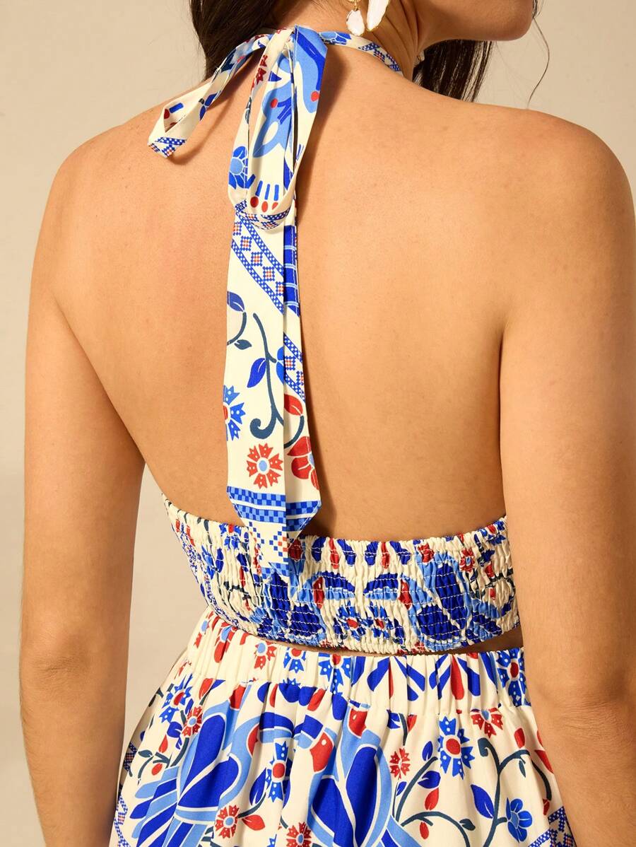 CAJUNI Vestido longo de verão com estampa de Selenipédio e Azálea tropical, decote halter e amarração, casual de praia para férias, para mulheres