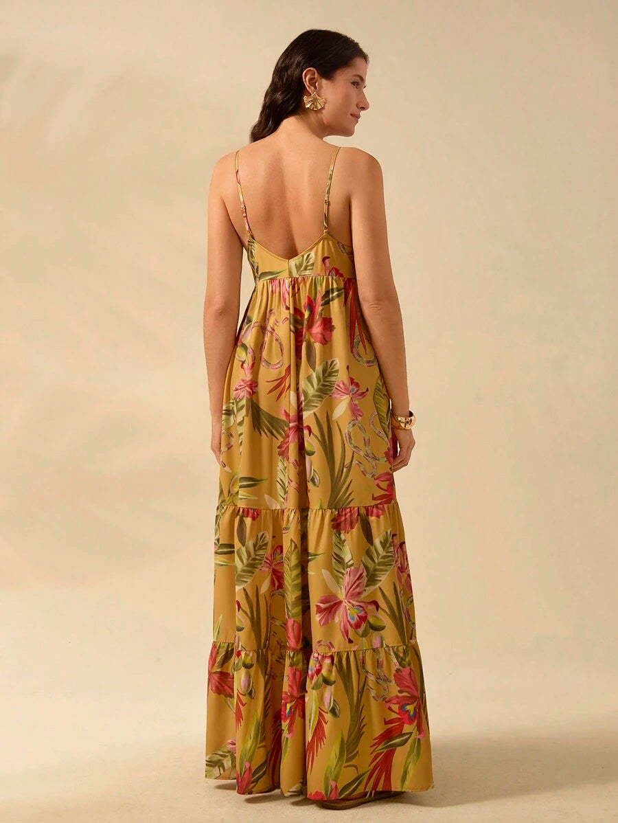 CAJUNI Vestido Camiseta Boho Feminino, Impressão Tropical de Cobra e Rododendro, Vestido de Verão Casual de Férias