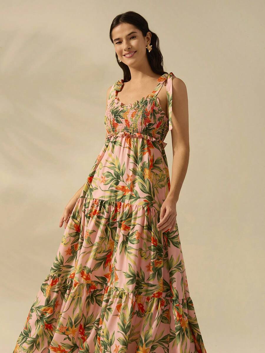 CAJUNI Vestido Longo Boho Feminino Estampa de Planta Tropical Rosa com Cordão, Babado e Godê, Vestido Casual de Praia Para Férias de Verão