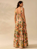 CAJUNI Vestido Longo Boho Feminino Estampa de Planta Tropical Rosa com Cordão, Babado e Godê, Vestido Casual de Praia Para Férias de Verão