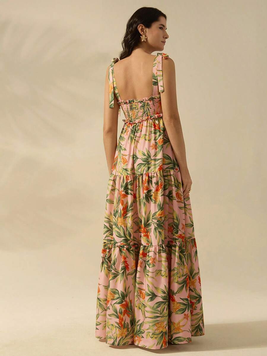 CAJUNI Vestido Longo Boho Feminino Estampa de Planta Tropical Rosa com Cordão, Babado e Godê, Vestido Casual de Praia Para Férias de Verão