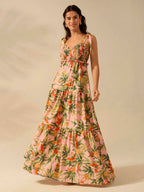CAJUNI Vestido Longo Boho Feminino Estampa de Planta Tropical Rosa com Cordão, Babado e Godê, Vestido Casual de Praia Para Férias de Verão