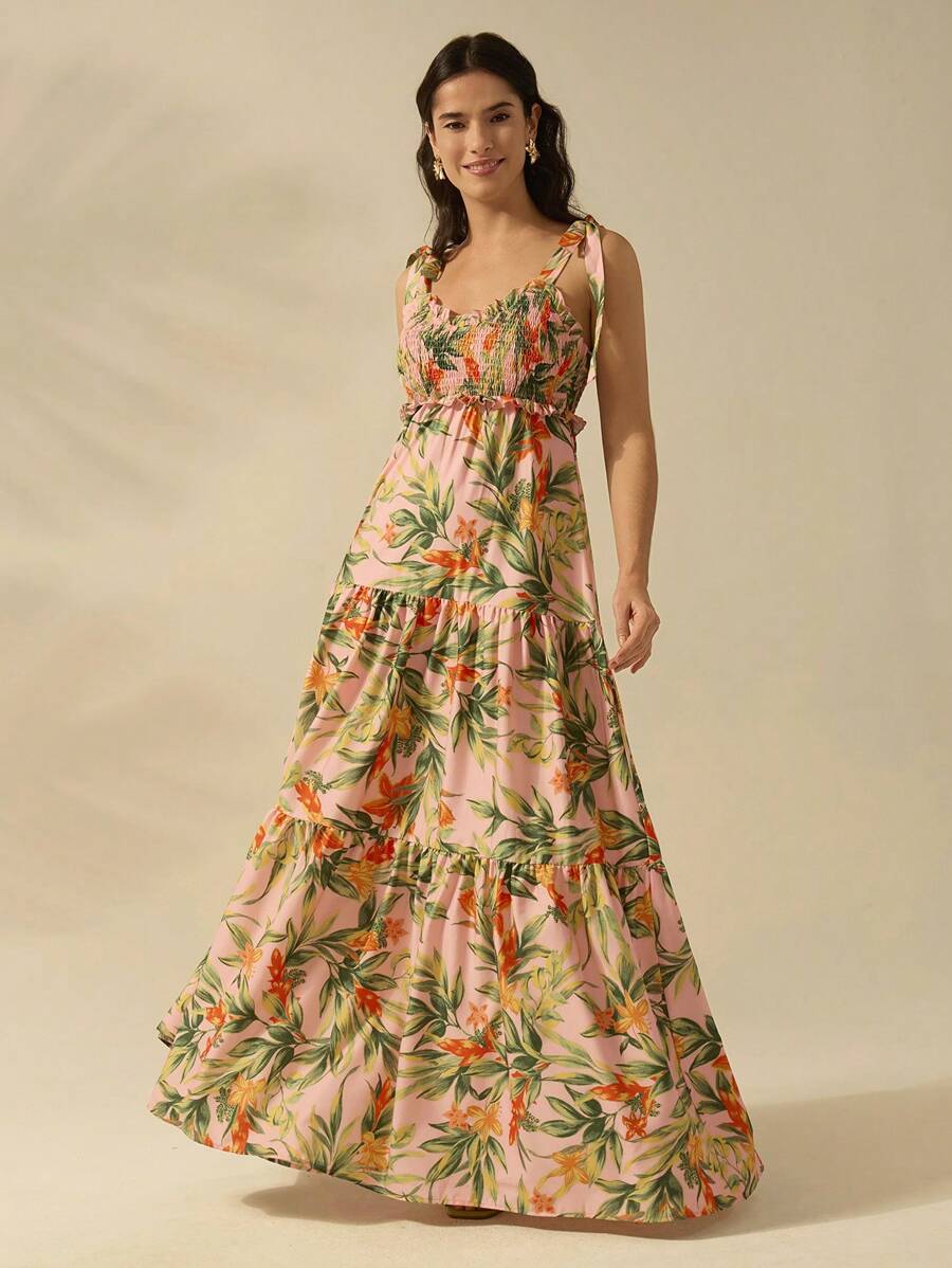 CAJUNI Vestido Longo Boho Feminino Estampa de Planta Tropical Rosa com Cordão, Babado e Godê, Vestido Casual de Praia Para Férias de Verão