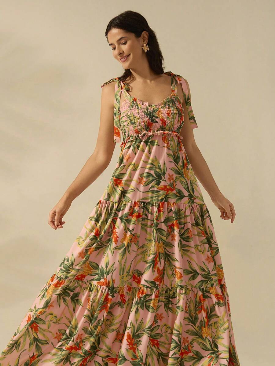 CAJUNI Vestido Longo Boho Feminino Estampa de Planta Tropical Rosa com Cordão, Babado e Godê, Vestido Casual de Praia Para Férias de Verão
