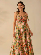 CAJUNI Vestido Longo Boho Feminino Estampa de Planta Tropical Rosa com Cordão, Babado e Godê, Vestido Casual de Praia Para Férias de Verão