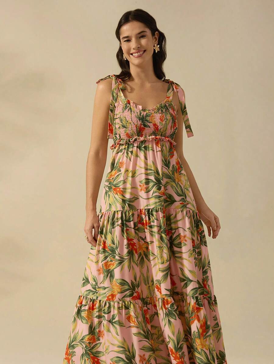 CAJUNI Vestido Longo Boho Feminino Estampa de Planta Tropical Rosa com Cordão, Babado e Godê, Vestido Casual de Praia Para Férias de Verão