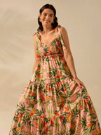 CAJUNI Vestido Longo Boho Feminino Estampa de Planta Tropical Rosa com Cordão, Babado e Godê, Vestido Casual de Praia Para Férias de Verão