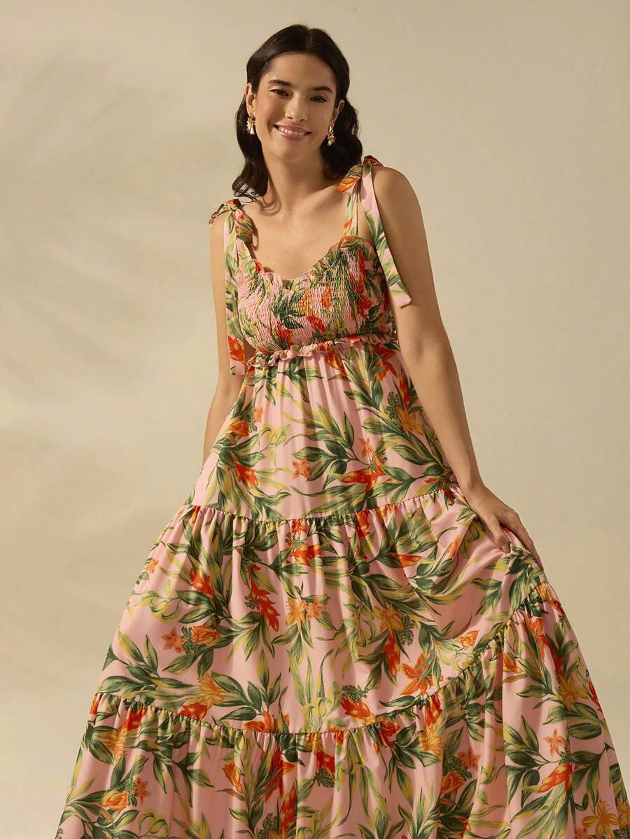 CAJUNI Vestido Longo Boho Feminino Estampa de Planta Tropical Rosa com Cordão, Babado e Godê, Vestido Casual de Praia Para Férias de Verão