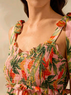 CAJUNI Vestido Longo Boho Feminino Estampa de Planta Tropical Rosa com Cordão, Babado e Godê, Vestido Casual de Praia Para Férias de Verão