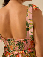 CAJUNI Vestido Longo Boho Feminino Estampa de Planta Tropical Rosa com Cordão, Babado e Godê, Vestido Casual de Praia Para Férias de Verão