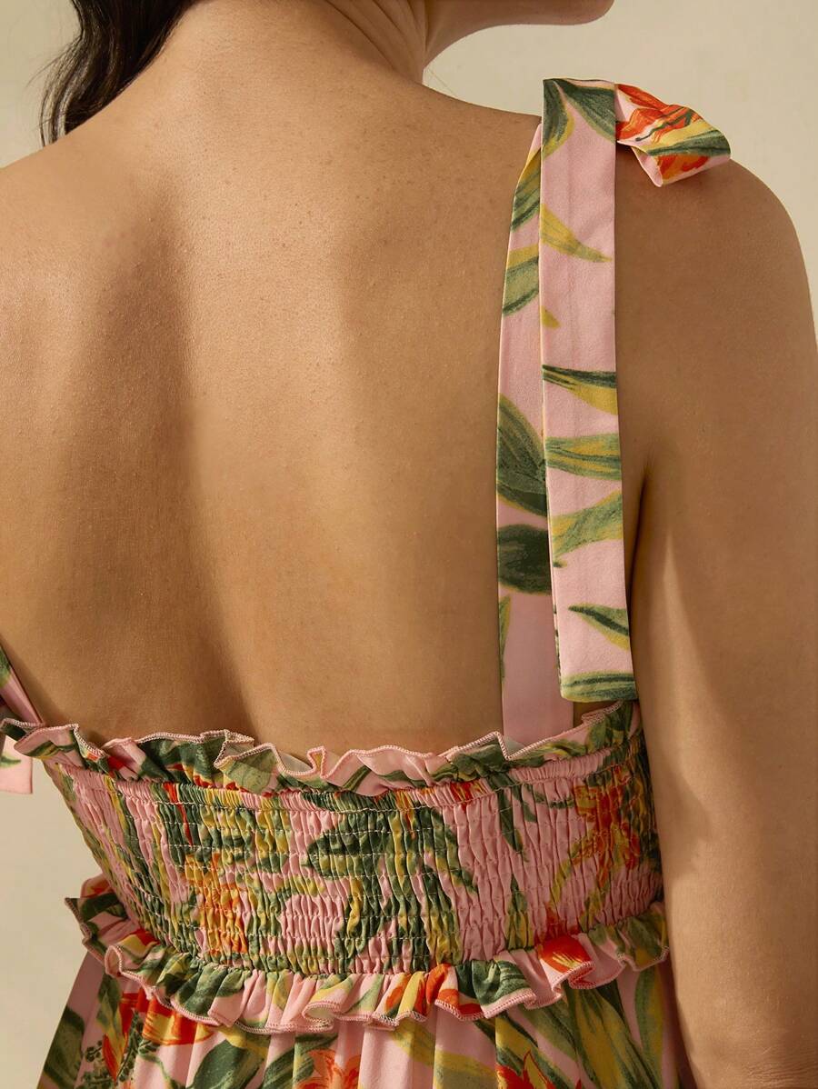 CAJUNI Vestido Longo Boho Feminino Estampa de Planta Tropical Rosa com Cordão, Babado e Godê, Vestido Casual de Praia Para Férias de Verão
