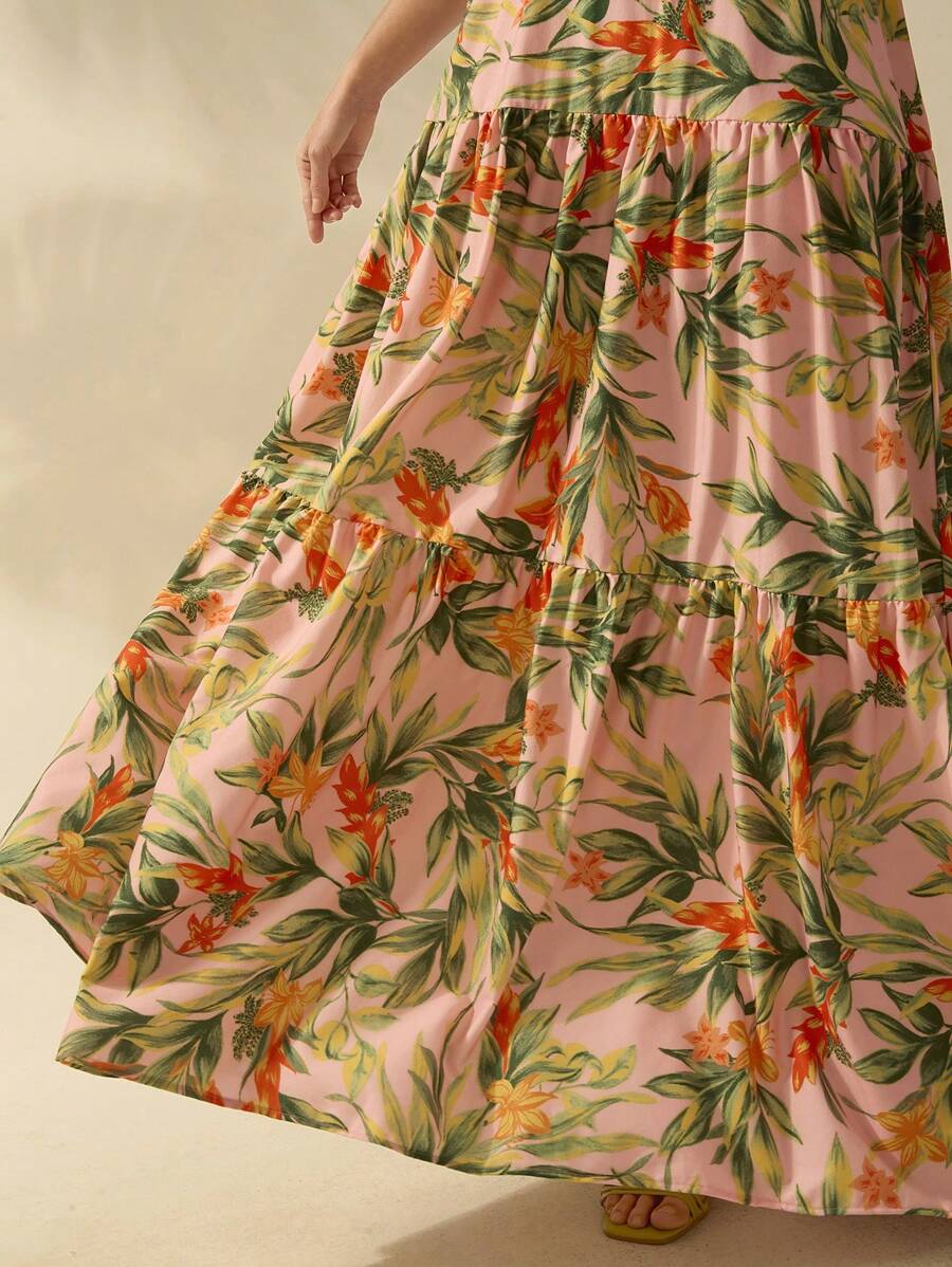 CAJUNI Vestido Longo Boho Feminino Estampa de Planta Tropical Rosa com Cordão, Babado e Godê, Vestido Casual de Praia Para Férias de Verão