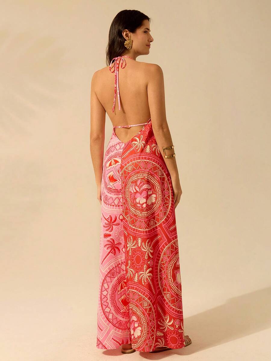 CAJUNI Vestido Longo Casual de Praia para Festa, Estampa Tropical de Árvore de Coco e Floral, Contraste de Cores, Sem Mangas, Estilo Boho para Mulheres